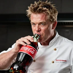 Gordon Ramsey chugging an entire 4 liter bottle of coca cola, intense expressionate photograph, high quality, detailed, sharp, 4k, trending on artstation, raytraced