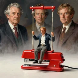 sargent and leyendecker and greg hildebrandt, full body portrait of miniature chris martin sitting on a red swingline stapler in the world of andrew wyeth, stephen bliss, fantasy art by greg rutkowski, loish, rhads, ferdinand knab, makoto shinkai, ilya kuvshinov, rossdraws, global illumination, radiant light, detailed and intricate environment