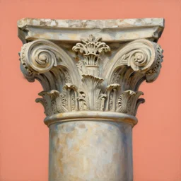 achingly beautiful painting of intricate ancient roman corinthian capital on coral background by rene magritte, monet, and turner. giovanni battista piranesi.
