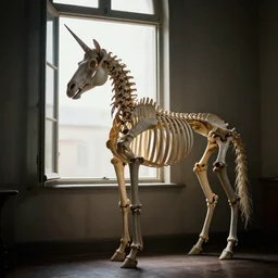 a photograph of a unicorn horse skeleton skeleton standing next to an open window, dramatic lighting, cinematic