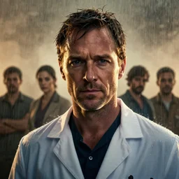 doctor house as the last mohican in real life, face centered portrait of hugh laurie, confident, fog, rain, volumetric lighting, beautiful, golden hour, sharp focus, ultra detailed, cgsociety by leesha hannigan, ross tran, thierry doizon, kai carpenter, ignacio fernandez rios, noir art house, 4 k, 3 5 mm, fujifilm