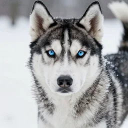 A husky puppy with heterochromia , snowy environment, detailed close-up, 4k photo