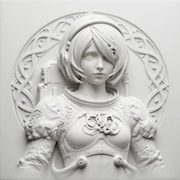 Celtic etching of a hopeful pretty astronaut lady with a wavy blonde hair, 4k resolution, nier:automata inspired, bravely default inspired, vibrant but dreary but upflifting red, black and white color scheme!!! ((Space nebula background))
