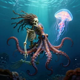 underwater photography of a human skeleton with dreadlocks in symbiosis with a steampunk octopus and a jellyfish, bioluminescence, bloom, by scott musgrove digital illustration, radiant light