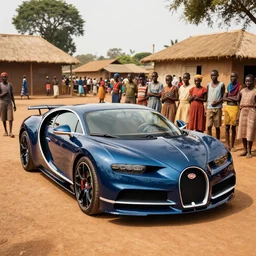 High-quality photography of a Bugatti Chiron in an African village surrounded by curious villagers, shot on iPhone