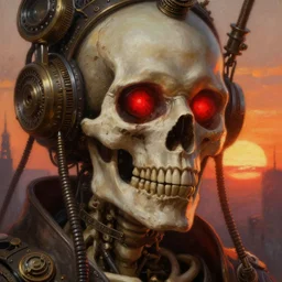 steampunk close up portrait of skeleton with glowing red eyes , backlight sunset artstation bery detailed complex intricate oil painting by greg rutkowski  beksinski