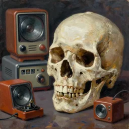 pensive skull observing 8 0's era technology, vintage shapes, retro technology, vintage color, wayne barlow, oil on canvas, deep depth of field, masterpiece, cinematic composition, hyperdetailed