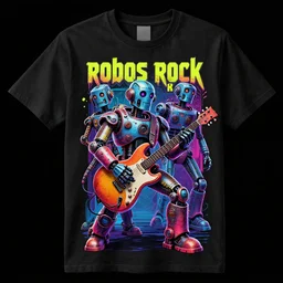 tshirt print of a 3 dieselpunk robots playing guitar, text robos rock, 8 k, flourescent colors, halluzinogenic, multicolored, exaggerated detailed, front shot, 3 d render, octane