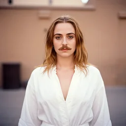 photo, sophie turner, handlebar mustache, morocco, white clothing, ektachrome, portrait, mid shot, 5 0 mm,