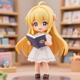 full body portrait of a happy blonde nendoroid anime girl with long hair, in a cute dress, reading a book, nicoletta ceccoli, mark ryden, lostfish, max fleischer, depth of field, detailed store environment as background, 8 k resolution, hyperrealistic, octane render