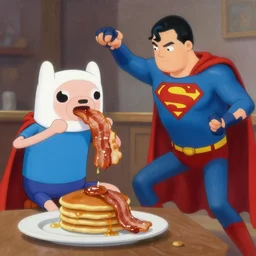 painting of Jake versus superman, Jake is eating bacon pancakes, adventure time, DC UNIVERSE, hand to hand combat, by senior character artist, volumetric lighting, concept art, digital painting, 4k