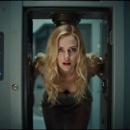 a still from bladerunner 2 0 4 9 depicting a medium shot photograph of a beautiful woman with blonde hair emerging from a futuristic immortality machine. she stares intently into the camera with a hungry expression. sci fi, futuristic, cinematic, low light, soft focus, rebirth, phoenix from the ashes metaphor.