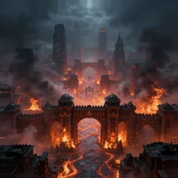 metropolis, the gates of hell surrounded by fire and lava, epic, wide angle, matte painting, ethereal, thick black fog, full color