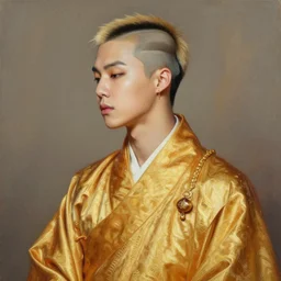 very detailed masterpiece painting of sidecut hair Jimin from BTS as a golden robe monk from BTS, featured in artstation, concept art by Greg Rutkowski, WLOP, Dan Mumford, Christophe Vacher