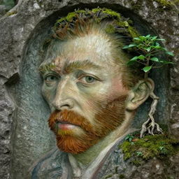 a face carved from stone overgrown with a bonsai growing out the ear, moss, painterly, trending on artstation, close up portrait shot, muted earth tones, cinamatic, diffused light, van gogh, akira toriama