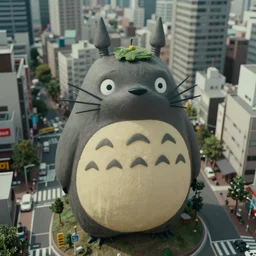 beautiful hyperrealism three point perspective film still of Eco high-rise tokyo drone image scene  in Totoro meets lloyd wright(1988) extreme closeup portrait in style of 1990s frontiers in translucent porclein miniature street photography seinen manga fashion edition, miniature porcelain model, focus on face, eye contact, tilt shift style scene background, soft lighting, Kodak Portra 400, cinematic style, telephoto
