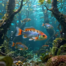 Fish swimming in an underwater forest, trees, overgrown, air bubbles, vibrant, HD, detailed, Octane Render, digital art, trending on ArtStation