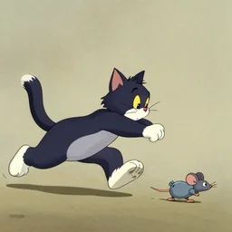 by richard scarry. a cat chasing a robot mouse. a 1 9 5 0 s retro illustration. studio ghibli. muted colors, detailed