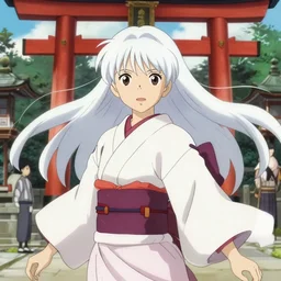 anime portrait of a young japanese girl with long white hair in traditional clothing at a shrine, fine detailed features, dynamic pose, trending on pixiv fanbox, ilya kuvshinov makoto shinkai takashi takeuchi studio ghibli, akihiko yoshida, 4 k
