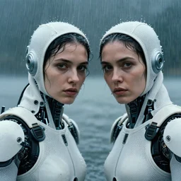 cinestill 5 0 d candid photographic portrait by helen levitt of two cyborgs wearing rugged white mesh techwear in treacherous waters, extreme closeup, modern cyberpunk moody depressing cinematic, pouring rain, 8 k, hd, high resolution, 3 5 mm, f / 3 2, ultra realistic faces, ex machina