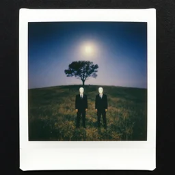 polaroid, fuzzy liminal photograph of a field, on a small hill with a single tree there is two men in suits and moon masks, dark, night, moonlight, natural light.