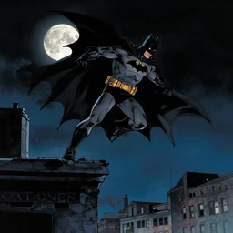 batman jumping from a roof at night, moon visible, frank miller