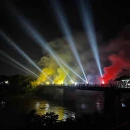 a bridge over a river in vietnam, by completely dark black night, yellow and red smoke, forest, white projectors, lens flare, black night, lighting and composition, dark, chiaroscuro, highly detailed concept art, radiant light, intricate, war, destruction, sharp focus