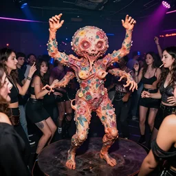 a hideous glob of what looks like people, but is actually a teratoma, covered in floral tattoos dancing in a nightclub, moulded around a group of teens on drugs