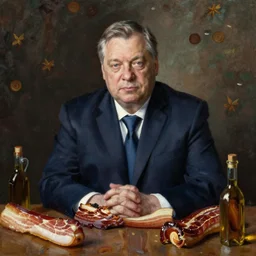 portrait of viktor orban proudly sitting behind a table full of bacon, oil painting, dramatic lighting