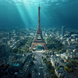 the bustling city of paris deep underwater, digital painting, trending on artstation, concept art, matte painting, highly detailed, final fantasy, jrpg, art by greg rutkowksi, craig mullins, octane render, 8 k