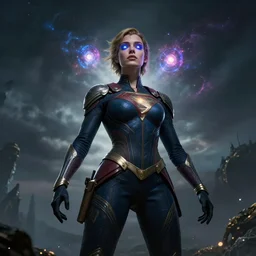 beautiful cinematic fantasy poster, a beautiful woman in a superhero suit with a dramatic pose, beautiful glowing galaxy eyes, wideshot ultrawide angle epic scale, hybrid from The Elden Ring and art direction by Darius Zawadzki ;by artgerm; wayne reynolds art station; cinematic quality character render; low angle; ultra high quality model; production quality cinema model;