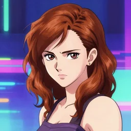 key anime visual sketch of a stern and serious young emma watson fanny with wavy beautiful anime hairstyle, concept modern anime art, vaporwave background