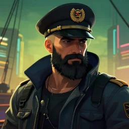 a beautiful illustration of a ship captain with long black beard, screenshot from cyberpunk 2077, featured on artstation