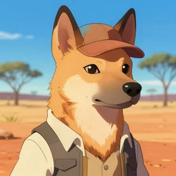 stylized close up character portrait icon of the anthro anthropomorphic dingo dog trader head animal person fursona wearing clothes standing in the australian outback, hidari, color page, tankoban, 4 k, tone mapping, akihiko yoshida