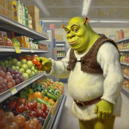 shrek buying groceries at walmart, oil painting by jan matejko