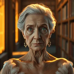 stunningly robust, elderly prima ballerina in library, symmetrical face, golden hour, smooth, focus, highly detailed, hyper realistic, dramatic lighting, elegant, intricate, concept art, art by wlop, mars ravelo, greg rutowski, artstation