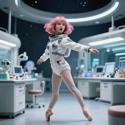 Cinestill 50d, 8K, 35mm,J.J Abrams flare; beautiful ultra realistic vaporwave minimalistic pointé posed seinen manga Kemonozume pilot in space(1950) film still medical lab scene, 2000s frontiers in blade runner retrofuturism fashion magazine September hyperrealism holly herndon edition, highly detailed, extreme closeup three-quarter pointé posed model portrait, tilt shift background, three point perspective: focus on anti-g flight suit;pointé pose;open mouth,terrified, eye contact, soft lighting