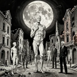 old white - headed man under the huge moon on a street of ruined city by beksinski and takato yamamoto and austin osman spare and edward hopper and mark ryden and tsutomu nihei, very coherent, baroque elements, perfect anatomy, intricate design. surreal art. pop art.