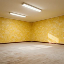 a large empty!! room, yellow wallpaper, yellowed!!! off - white carpet!!, florescent lights on the off - white yellow ceiling
