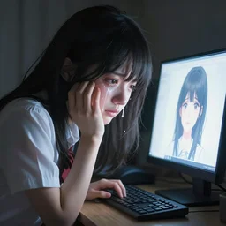 illustration of a girl crying because her computer isn't generating images right, by kon satoshi, beautiful composition, amazing details