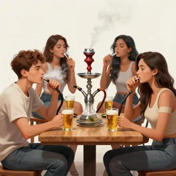 highly detailed paint 3 young guys and 4 girls smoke hookah drink beer and have fun in night tokio, vector line art