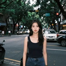 street photography portrait, taipei, a beautiful detailed scene in streetscape shaded park, traffic lights, studio lighting, in the style of a taiwanese tale of two cities