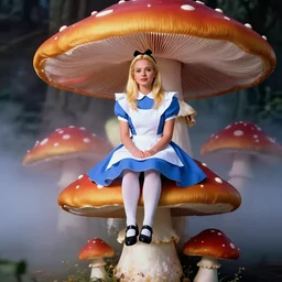annie leibovitz of donald trump as alice from alice in wonderland, sitting on a giant mushroom, vibrant colors, atmospheric, mist, magical, fantasy, studio lighting, soft focus