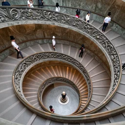 an endless, spiral staircase, with people going down, all wearing a top hat by magritte, by escher, viewed from above