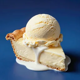a scoop of vanilla ice cream, on a slice of pie. melting, blue background, chesley bonestell, vincent di fate