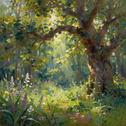 oil painting depicting a beautiful forest, there are flowers, big oak trees, grass, the sun is shining through the leaves, godrays, fantasy