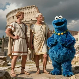 ancient romans vs the cookie monster dressed as caesar. hyper realistic. by michael garmash james gurney. bussiere.