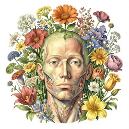 highly detailed illustration of a human anatomy head surrounded by all the known species of flowers by juan gatti, by moebius!!, by oliver vernon, by gottfried bammes, by joseph moncada, by damon soule, by manabu ikeda, by kyle hotz, by dan mumford, by kilian eng