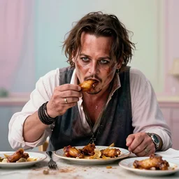 ( hyperrealistic portrait of fat greasy dirty johnny depp eating chickenwings, on a filthy table filled with dirty plates ) by noah bradley, photorealistic, dynamic lighting, very detailed faces, trending on artstation, wallpaper, dream, 4 k, award winning, lovely pastel colors, ethereal, elegant