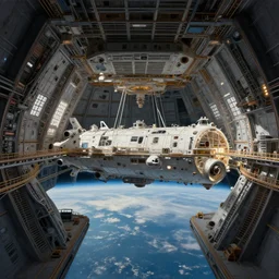 John Berkey painting of a massive interior docking spaceship bay just above Earth, 20 mm lens, asymmetrical, cinematic shot, trending on Artstation, High quality image